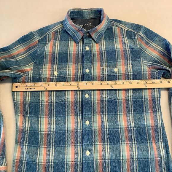GAP Men’s Medium Shirt Blue Pink Plaid Long Sleeve Button Up Cotton Flannel - Picture 5 of 13